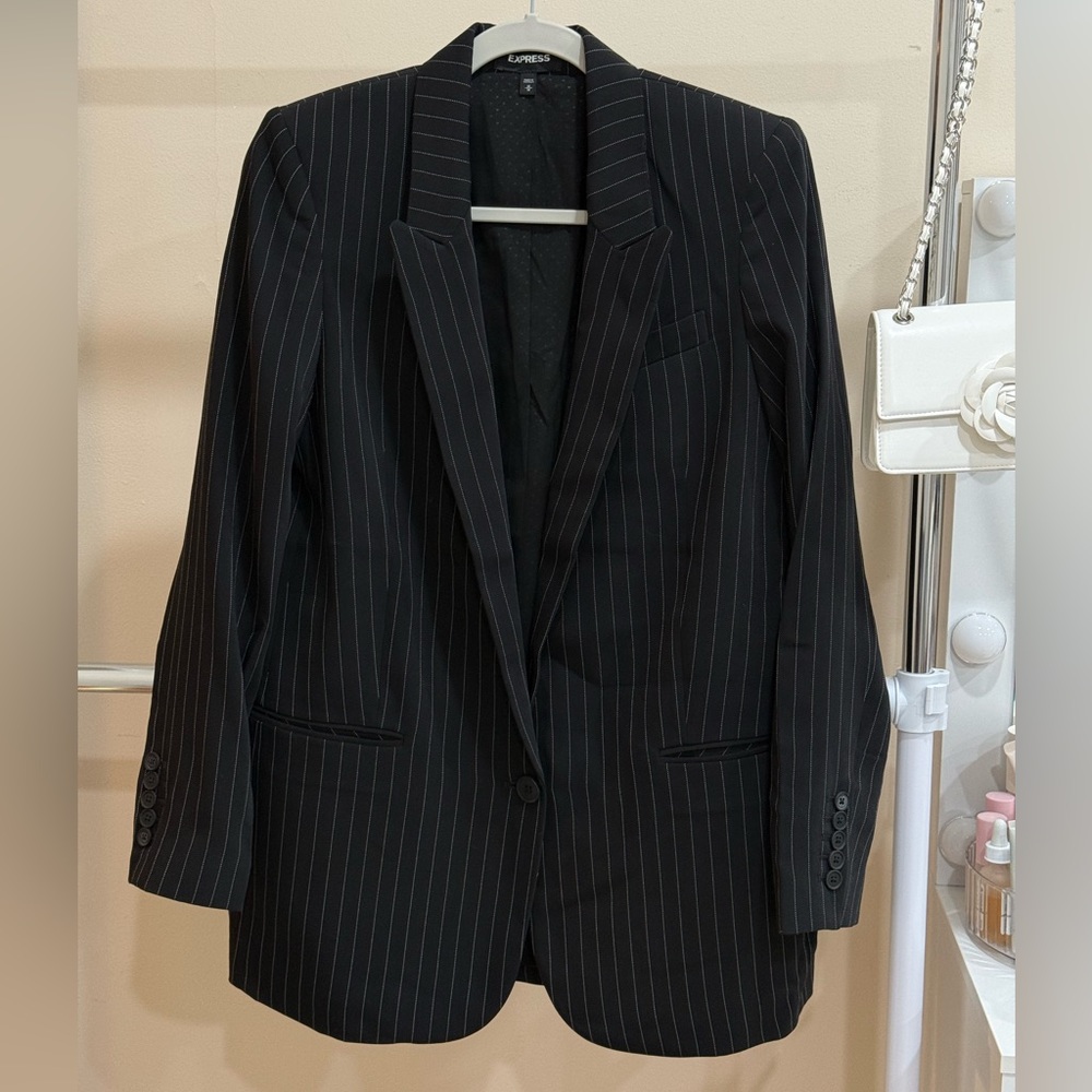 Express Black Pinstripe Single-Button Blazer - image 1